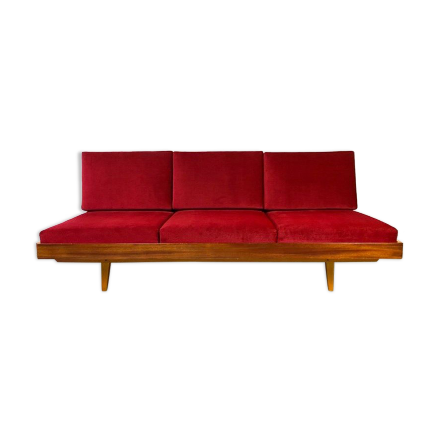 Daybed in beech and red fabric by jitona, vintage czech 1970s