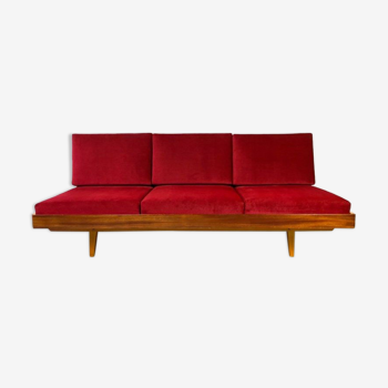 Daybed in beech and red fabric by jitona, vintage czech 1970s