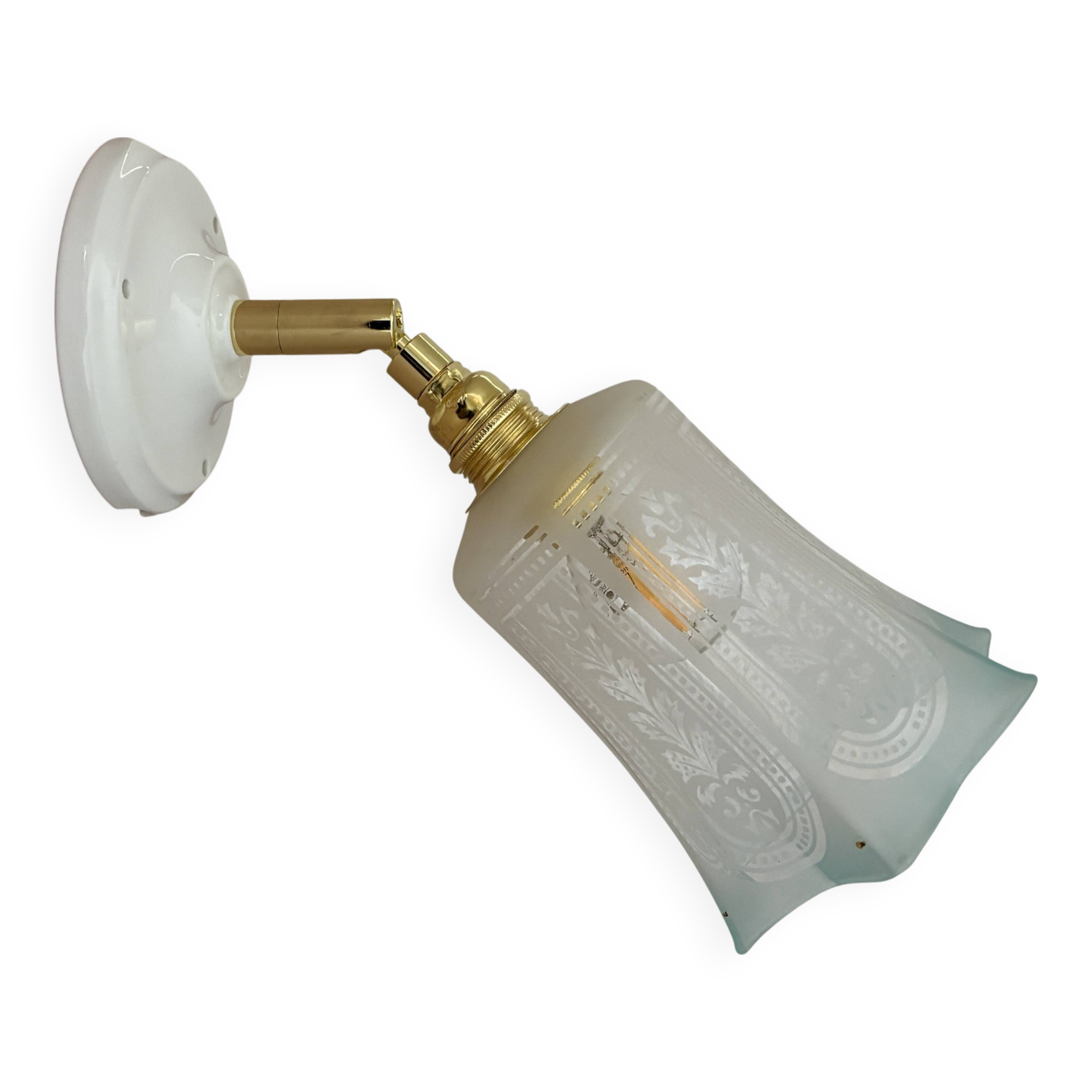 Vintage tulip wall lamp in white and blue frosted glass