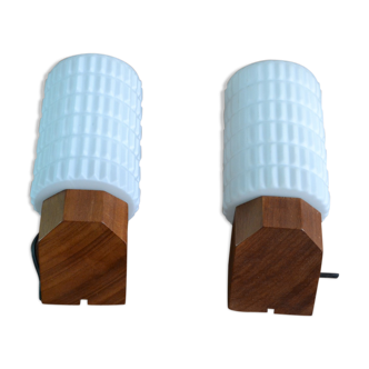 Pair of Scandinavian opaline teak 60s wall light