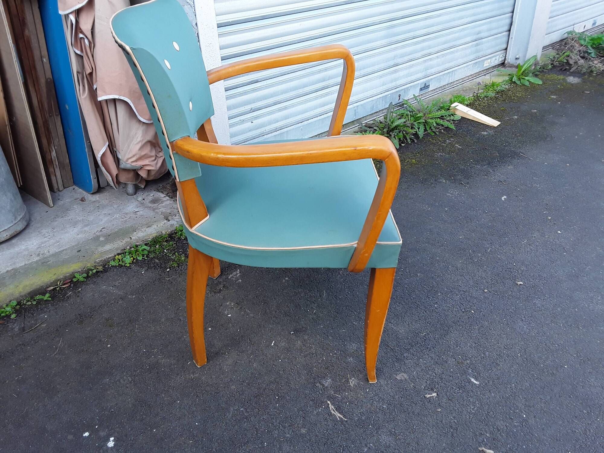 1940s bridge armchair with 3 white buttons and English green vinyl backrest