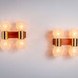 Pair of Swedish wall lamps with teak wood, brass and glass cup shade