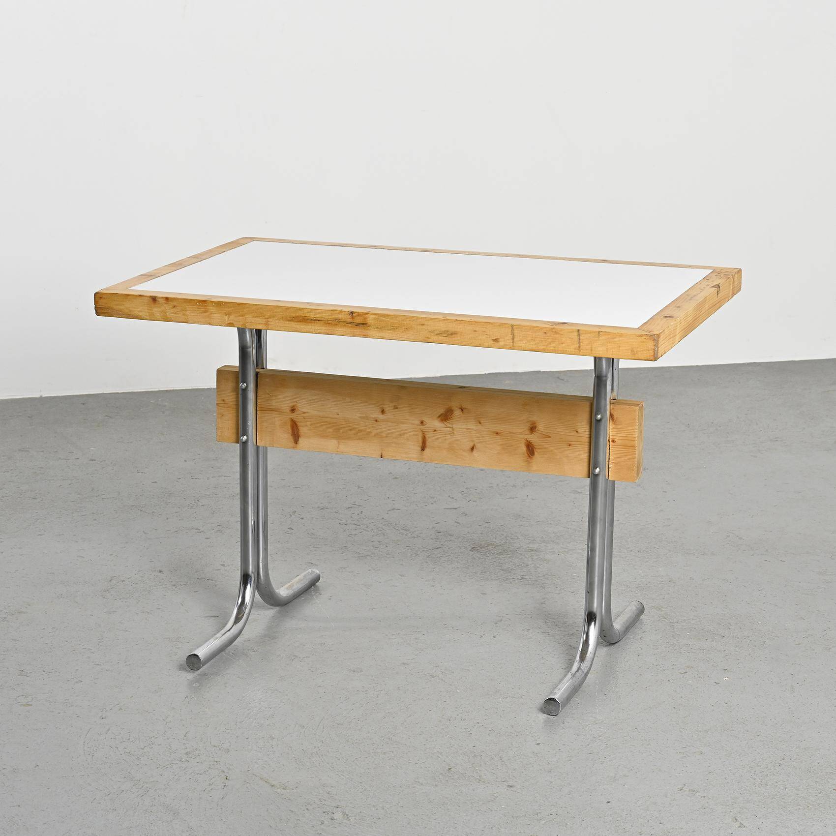 Metal and pine table, La Plagne circa 1960