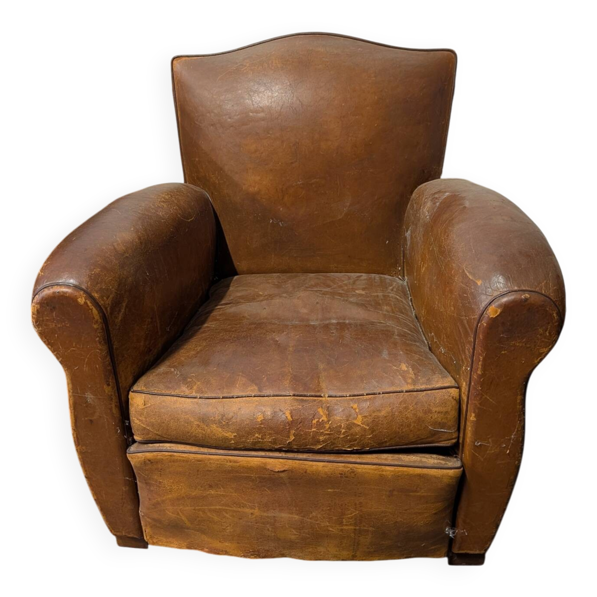 Pair of moustache club armchairs in leather, France, 1930s — to be restored.