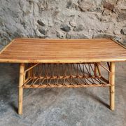Vintage bamboo and rattan coffee table with magazine rack, French, circa 1960–1970.