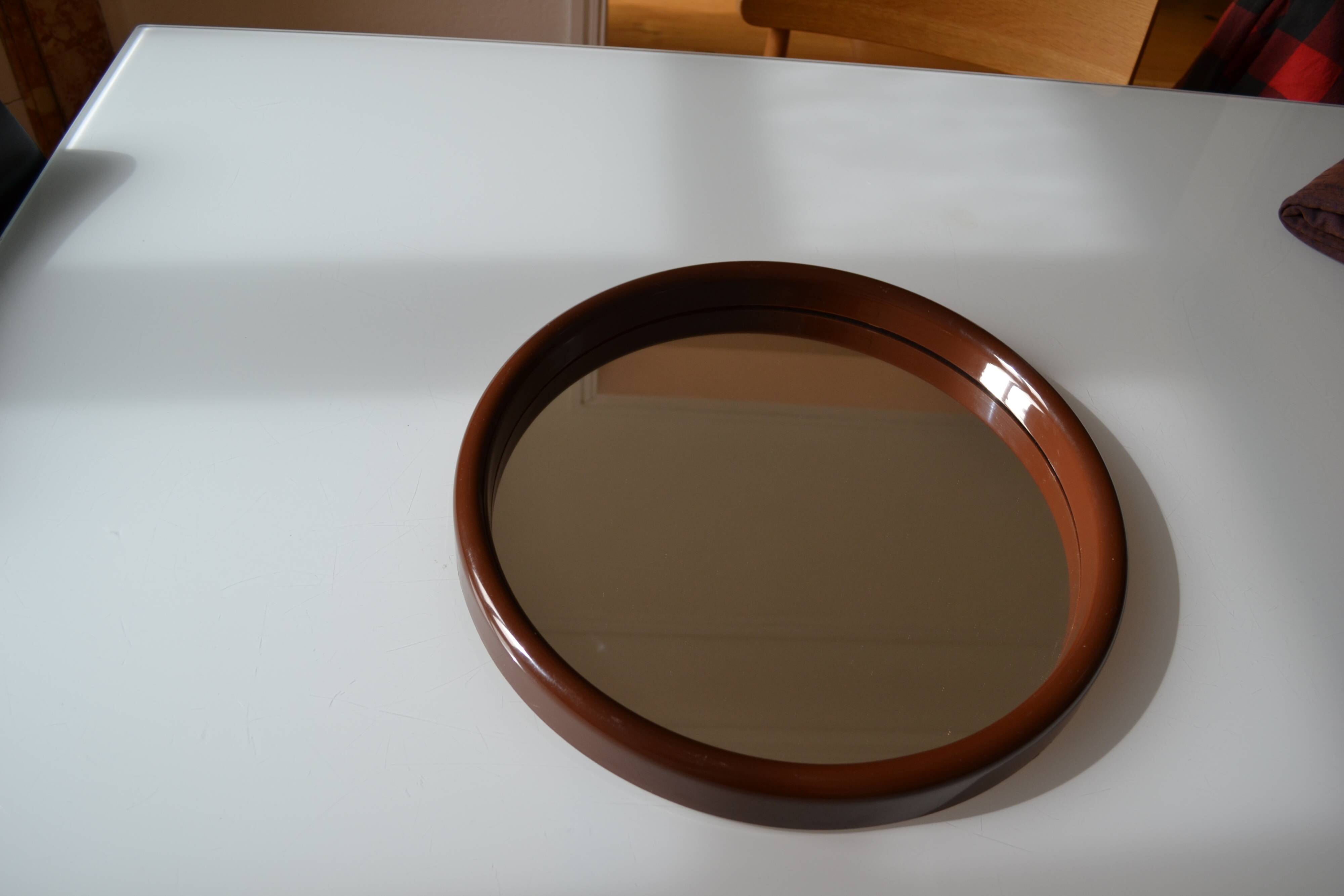 Scandinavian round mirror from the 70s brown plastic Finnmirror made in Finland