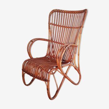 Large vintage rattan and bamboo armchair for Rohe Noordwolde 1950