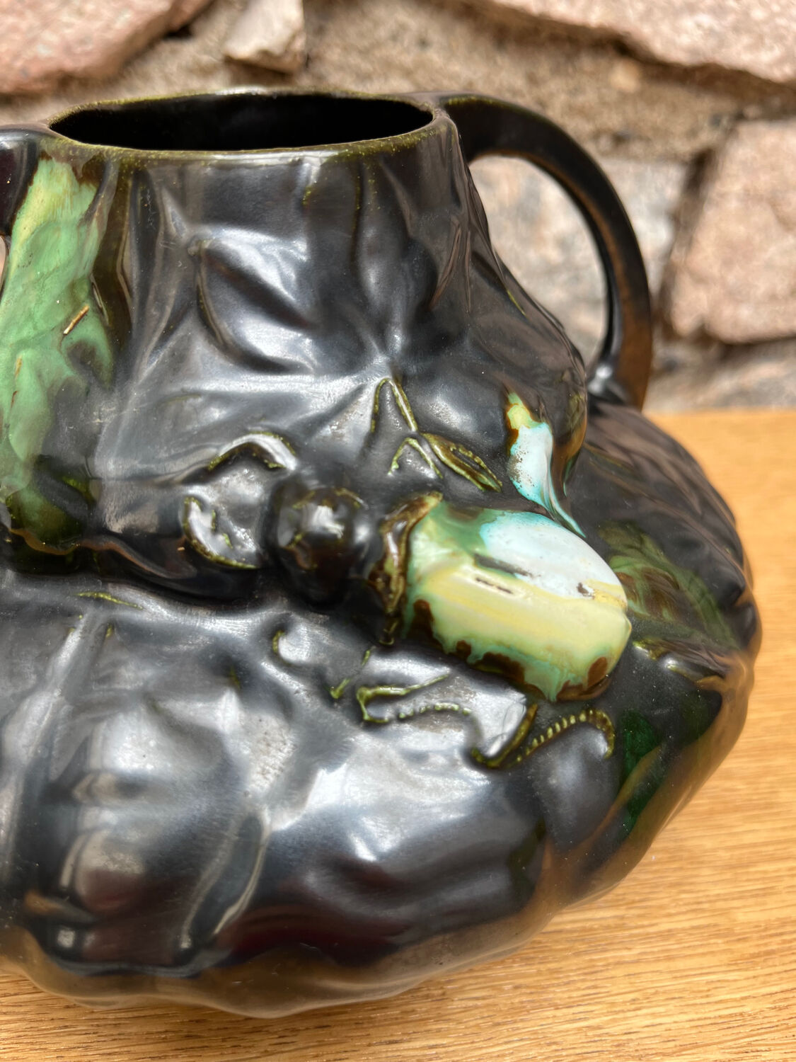 Art Nouveau barbotine vase with "scarabs" decoration.