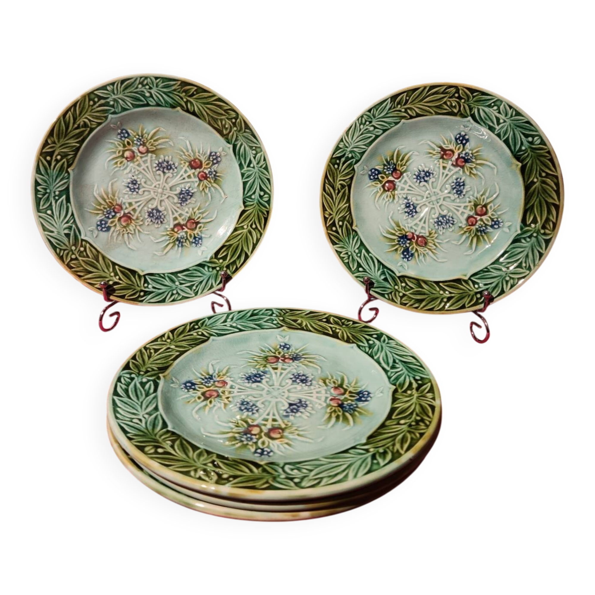 5 old Salins barbotine dessert plates