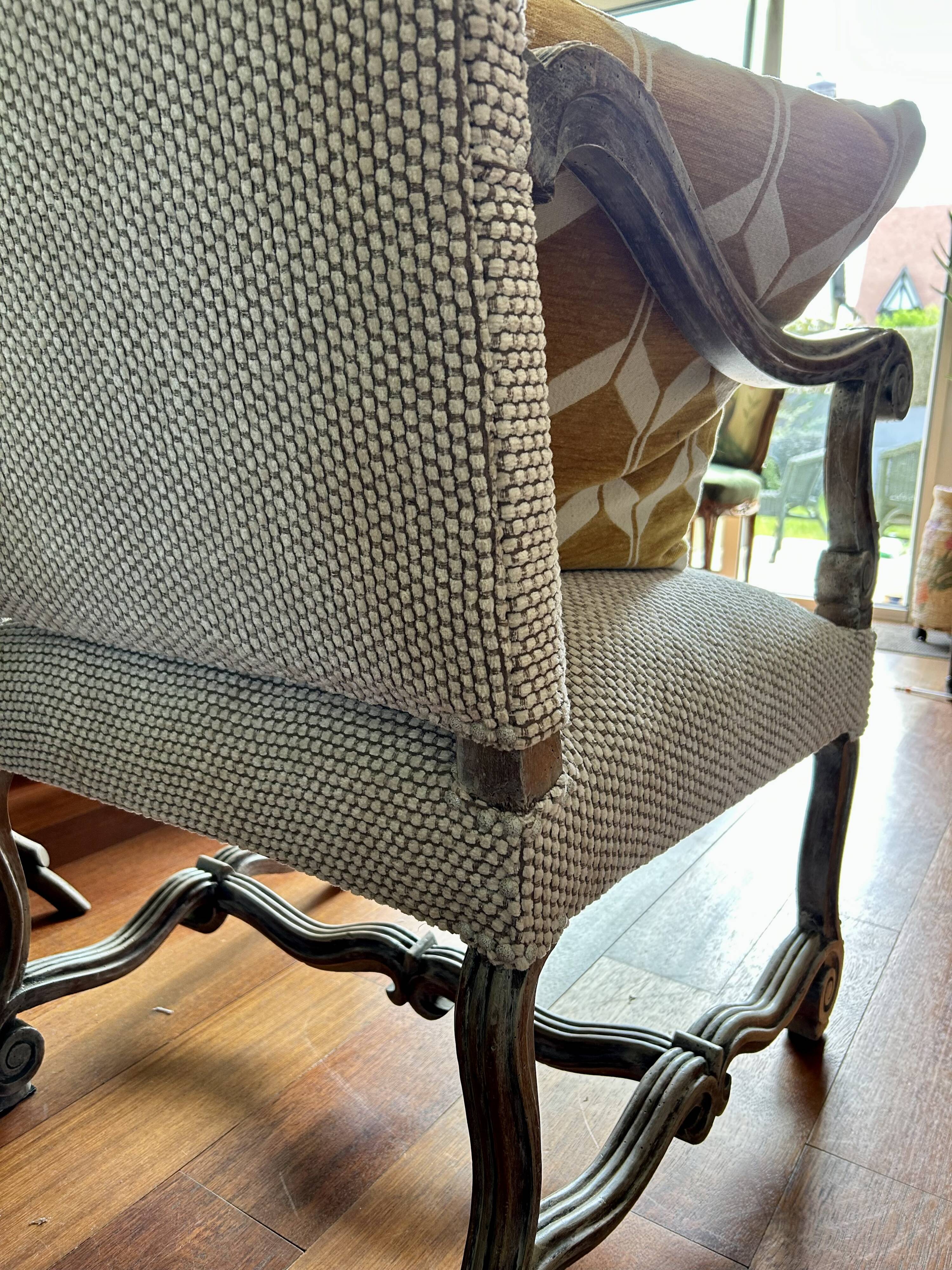 Restored Louis XIII armchair – textured beige fabric