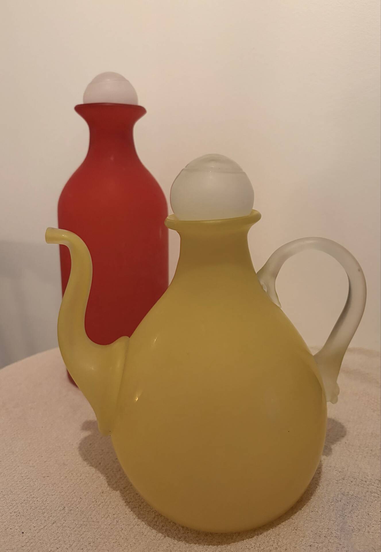 Stunning Duo of Mid-Century Frosted Satin Glass Carafes & Decanters