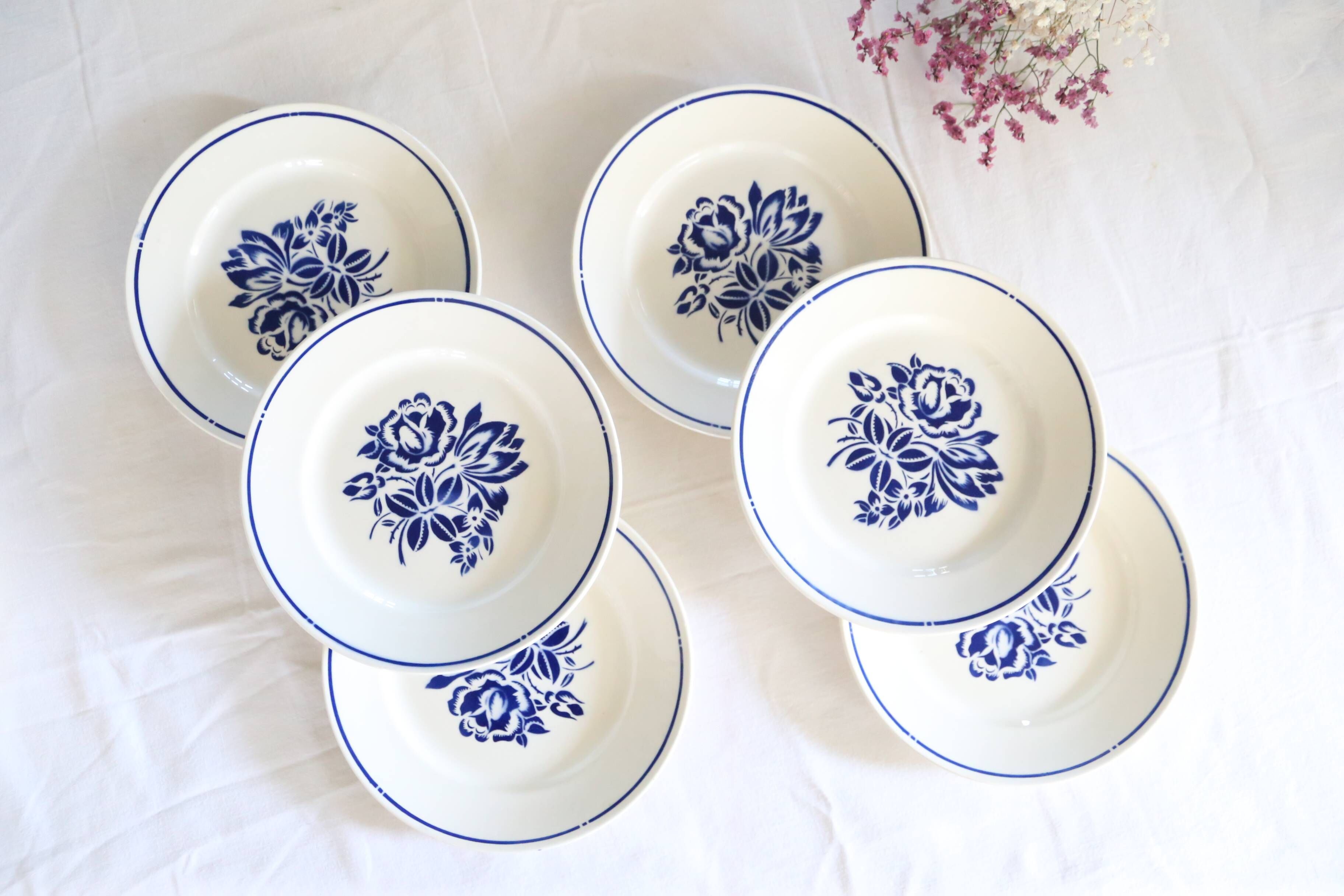Set of 6 Badonviller flat plates, vintage French, authentic, rare, countryside