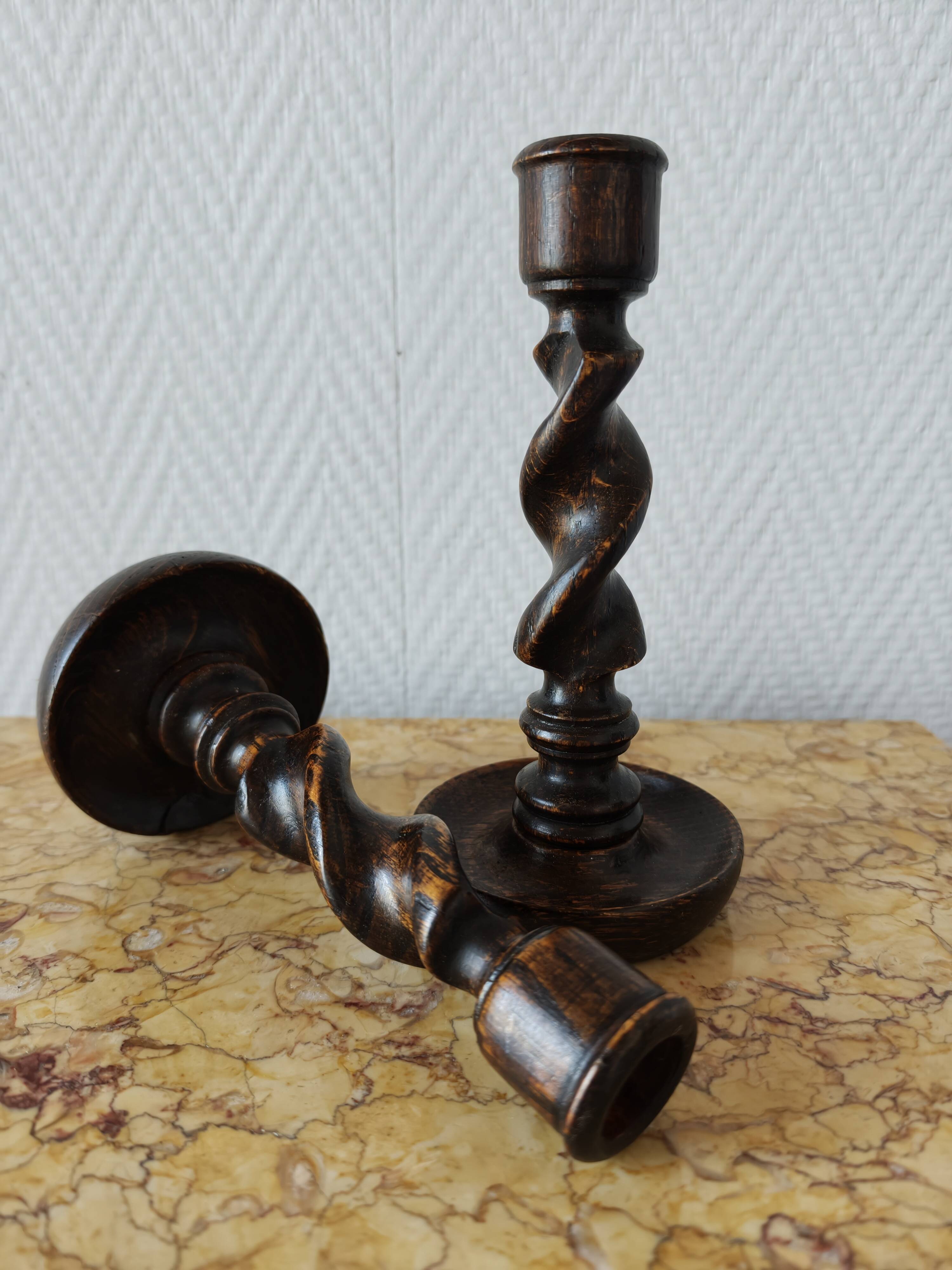 Pair of twisted wood candlesticks (Barley twist)