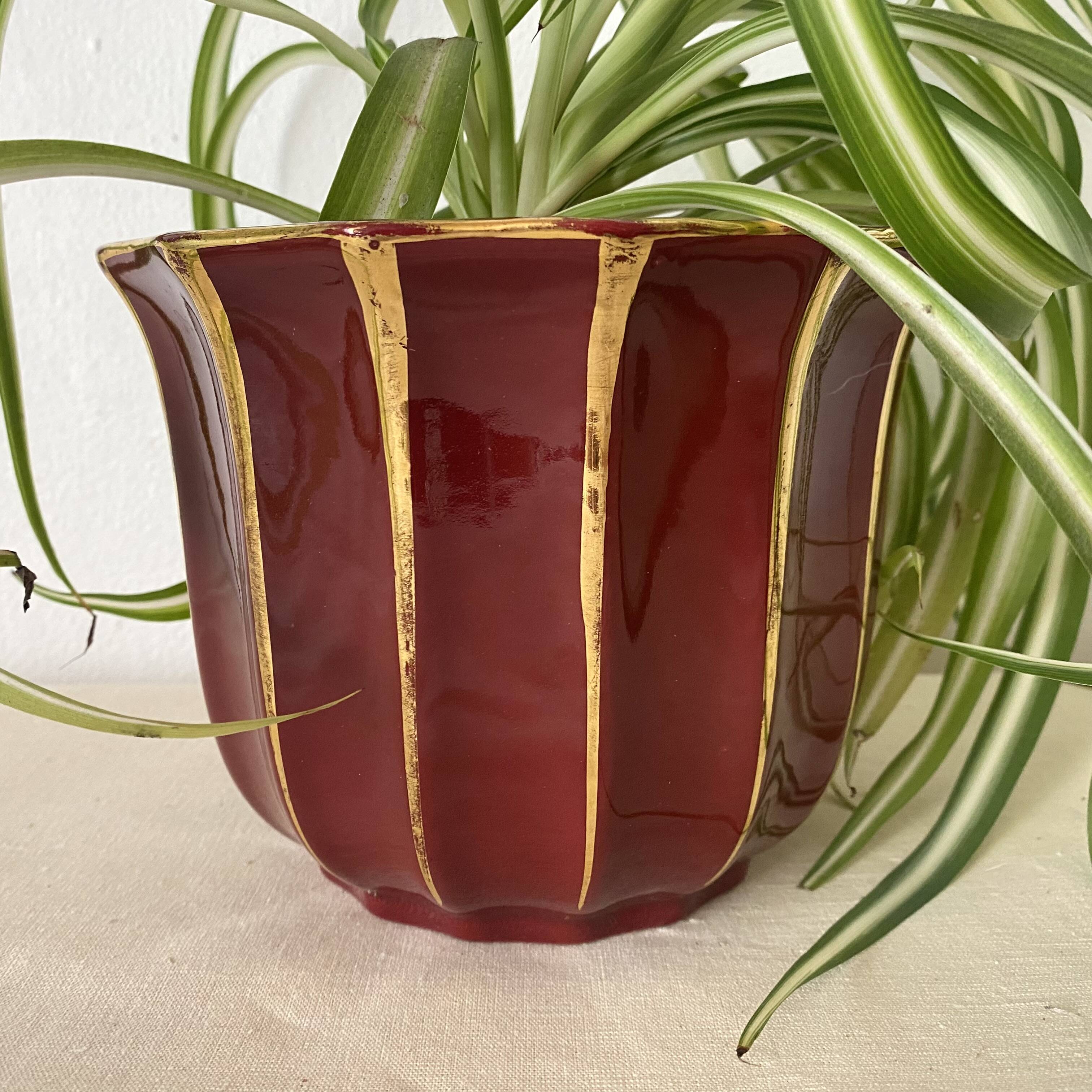 Antique burgundy and gold ceramic flowerpot