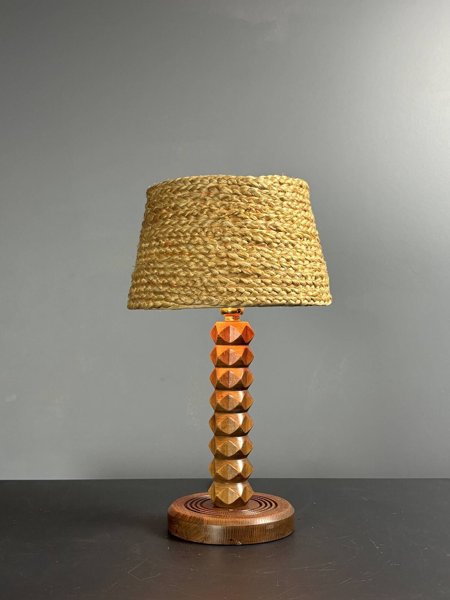 Mid-Century modern brutalist wood turned table lamp Charles Dudouyt style
