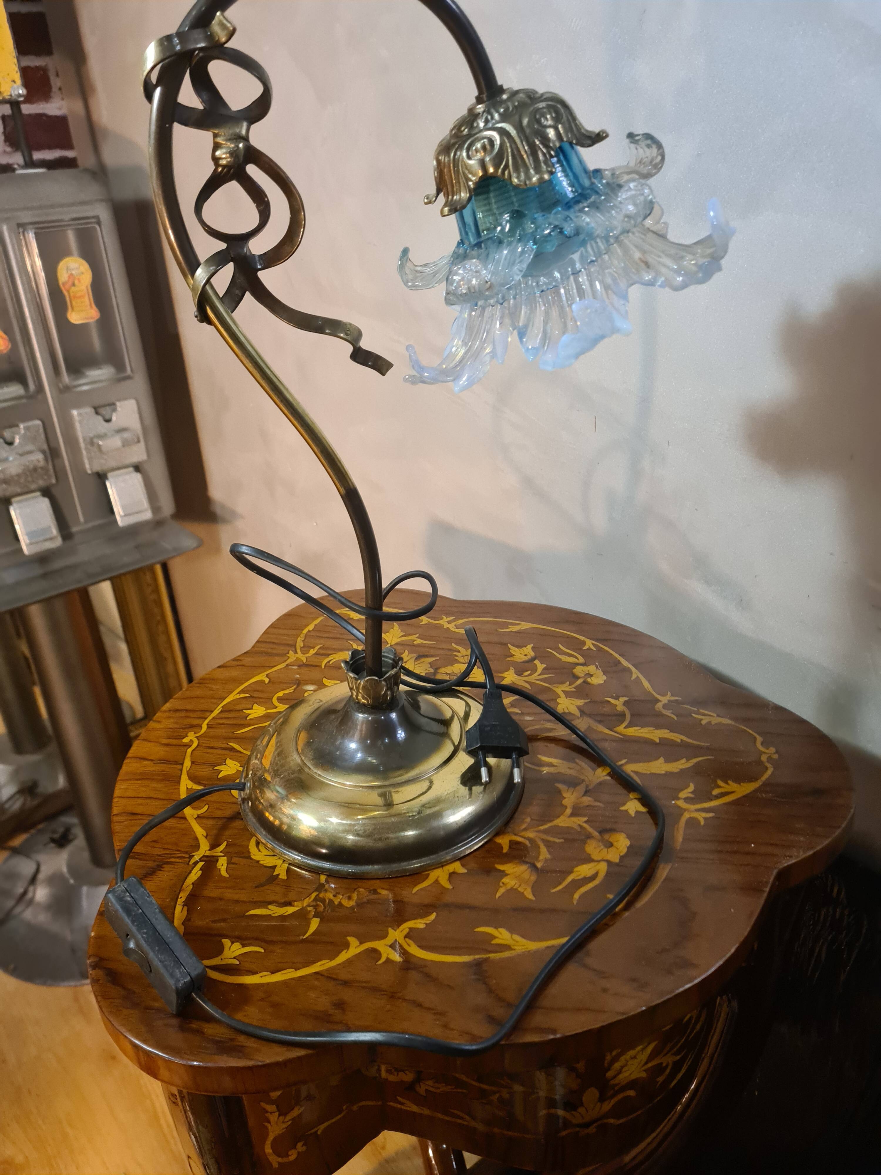 brass lamp 1975 electric working superb blue translucent tulip 42x30