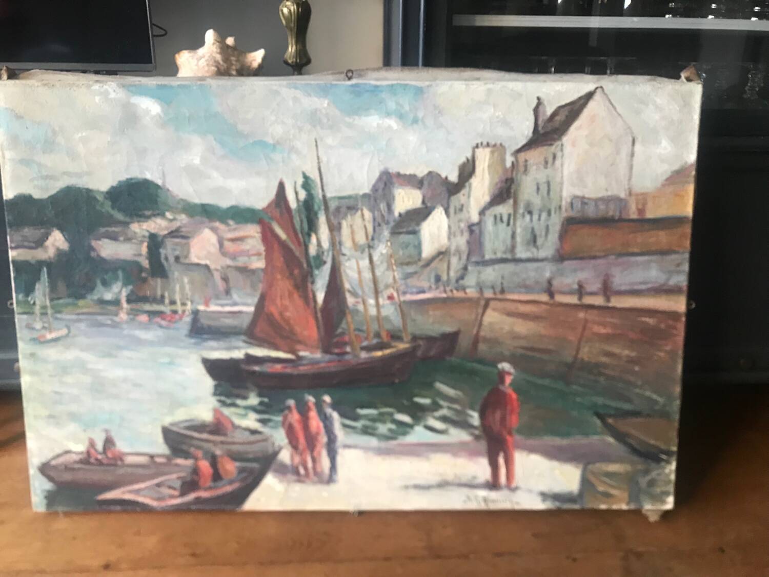 Large old marine oil painting - Sailboats in port.
