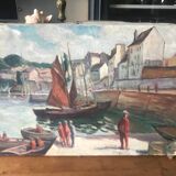 Grande Huile marine ancienne- Voiliers au port.