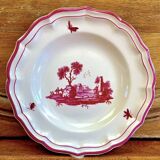 6 anciennes assiettes creuses à soupe Gien paysage rose 1938/1960
