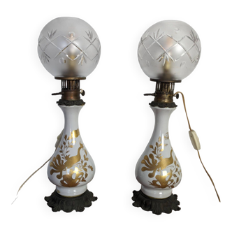 Pair of electrified ceramic and bronze oil lamps