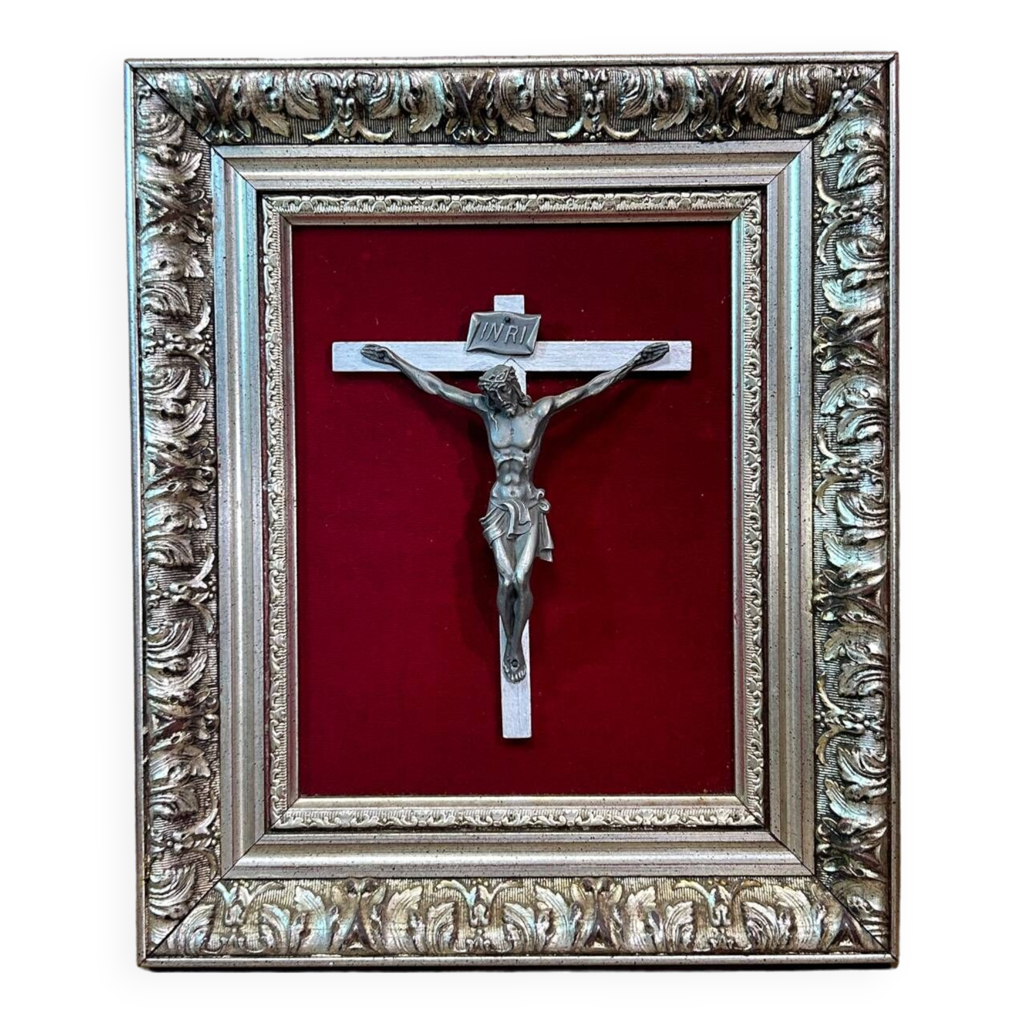 Crucifix, christ, on red velvet frame, silver wood, 50s, 60s, vintage