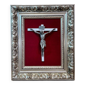 Crucifix, christ, sur cadre velours rouge, bois argenté, années 50,60', vintage