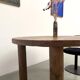 Modernist round table, solid oak, cylindrical pine base, DLG Perrian.