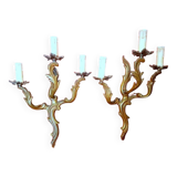 Pair of rococo style gilded bronze sconces with 3 light arms