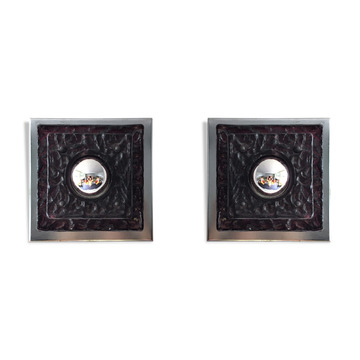 Set of 2 vintage square glass and chrome wall lamps, 1970s