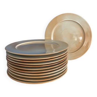 set of 6 vintage flat plates in montgolfier stoneware - vintage stoneware tableware - enameled stoneware made in france