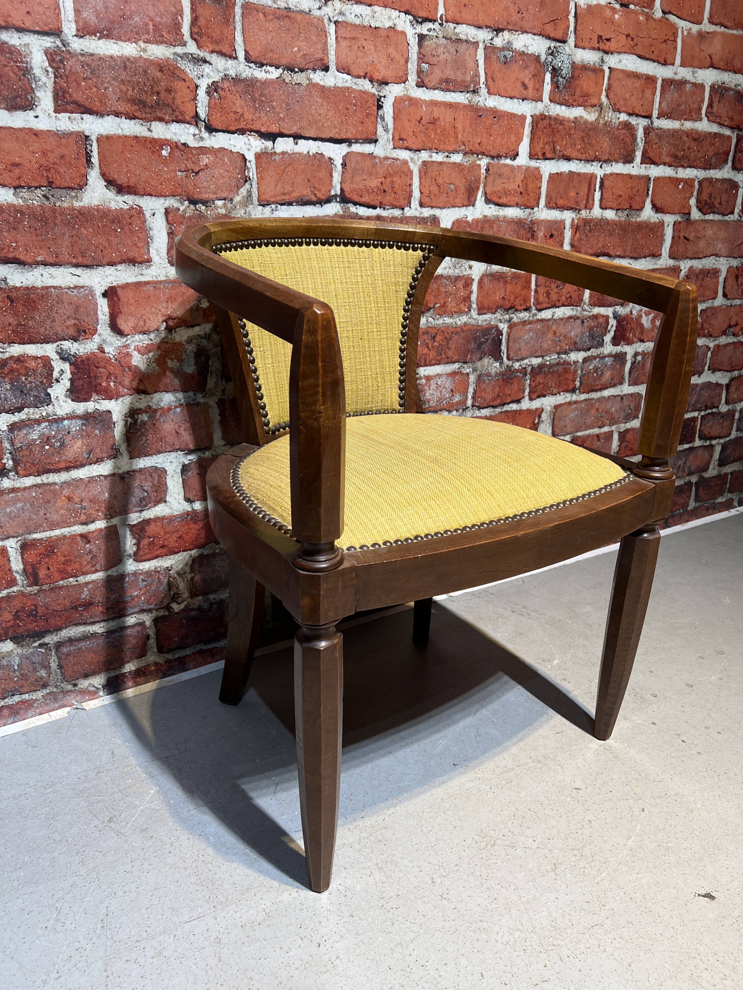 Set of a chair and an armchair in wood and yellow fabric