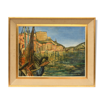 Oil on canvas Landscape village by a lake