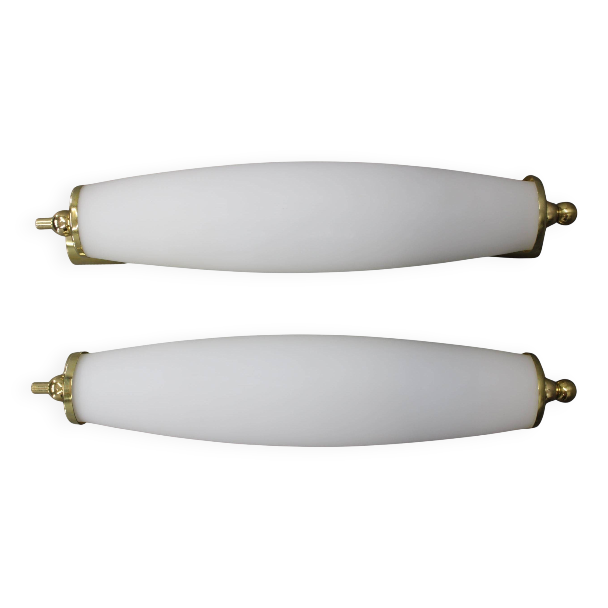 Italian Art Deco brass wall sconces with opal glass, 1940s.