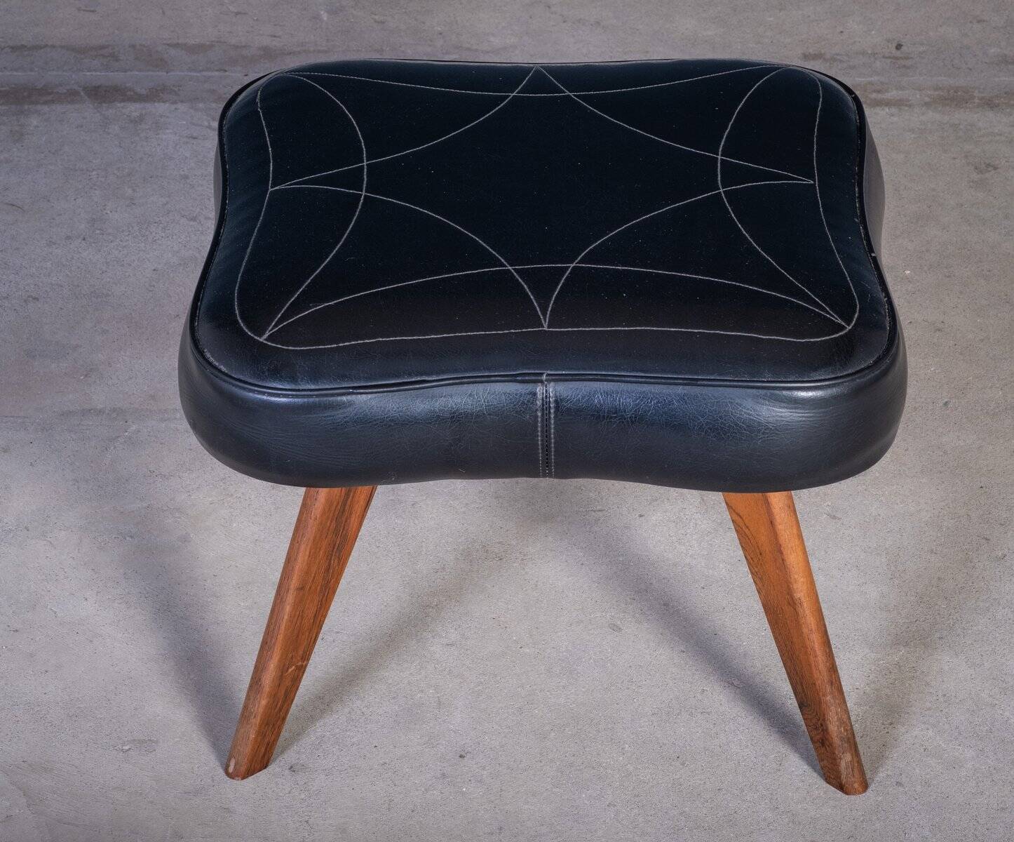 Mid-Century Teak Stool with Black Leather Seat, Denmark, 1960s