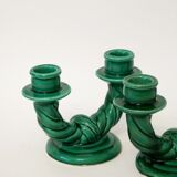 Pair of twisted green ceramic double candlesticks, 1960.