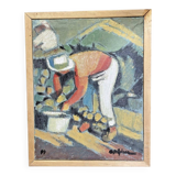Oil on canvas signed O. Stephane, vintage painting of a grape harvest scene.