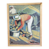 Huile sur toile signée O. Stephane scène de vendange peinture vintage