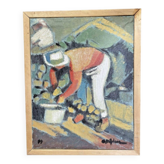 Oil on canvas signed O. Stephane, vintage painting of a grape harvest scene.