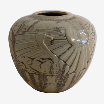 Vase ball Roger Guérin art nouveau sandstone swans signed and numbered