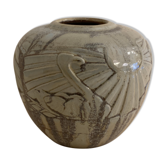 Vase ball Roger Guérin art nouveau sandstone swans signed and numbered