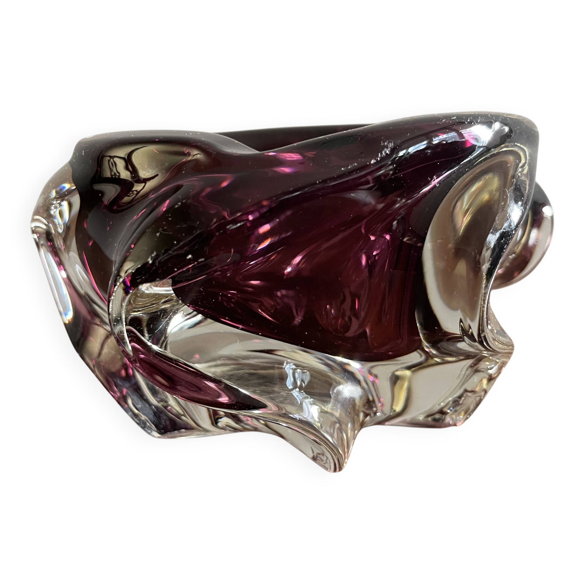 Dark purple glass ashtray with wavy pattern, Murano