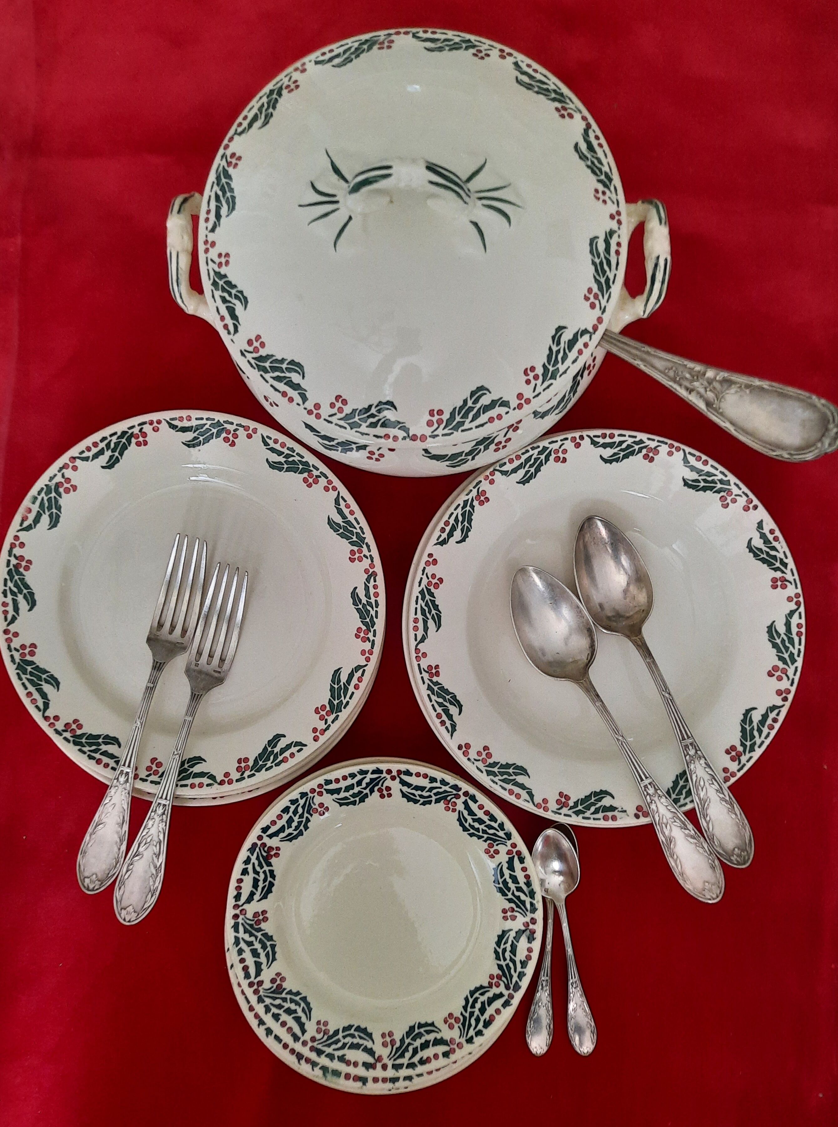 Flat, dessert, hollow plates and tureen in old earthenware