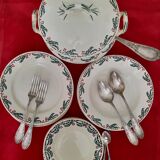 Flat, dessert, hollow plates and tureen in old earthenware