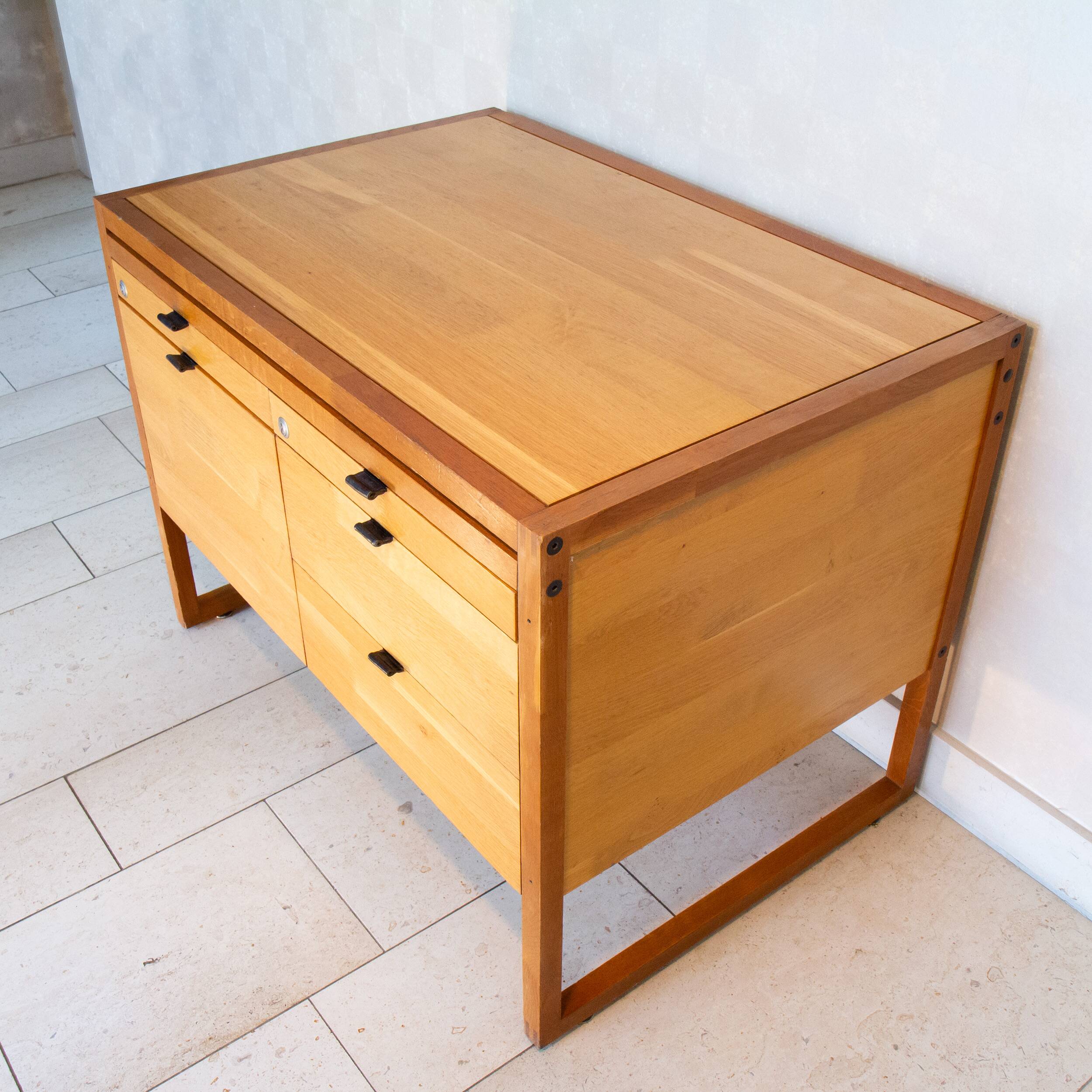 Scandinavian storage unit, solid wood and leather