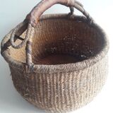 Antique leather wicker basket with handle
