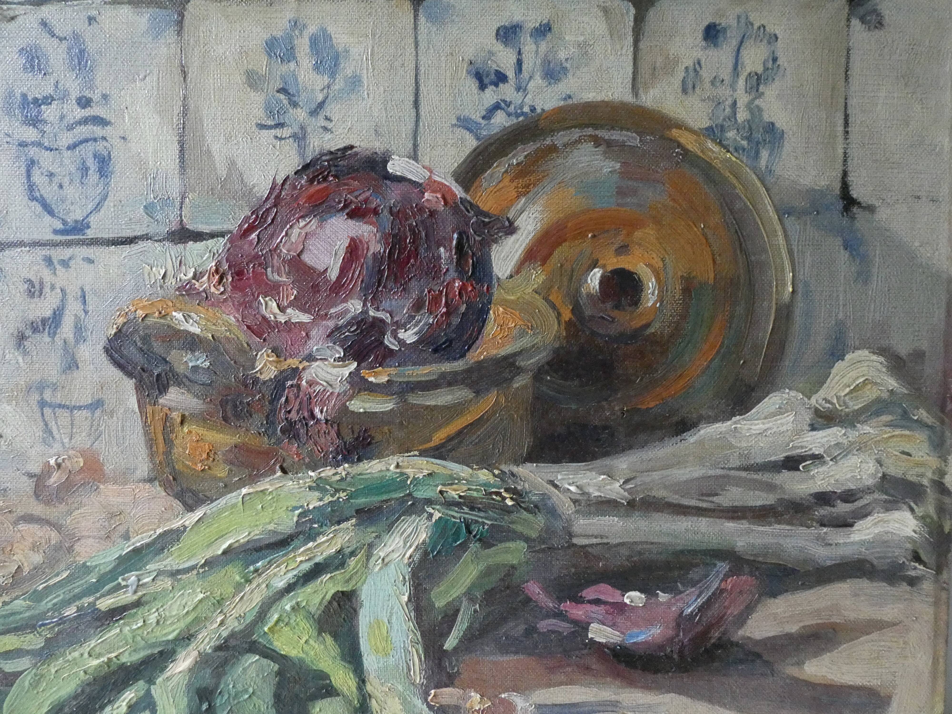 Oil on canvas, still life with leeks