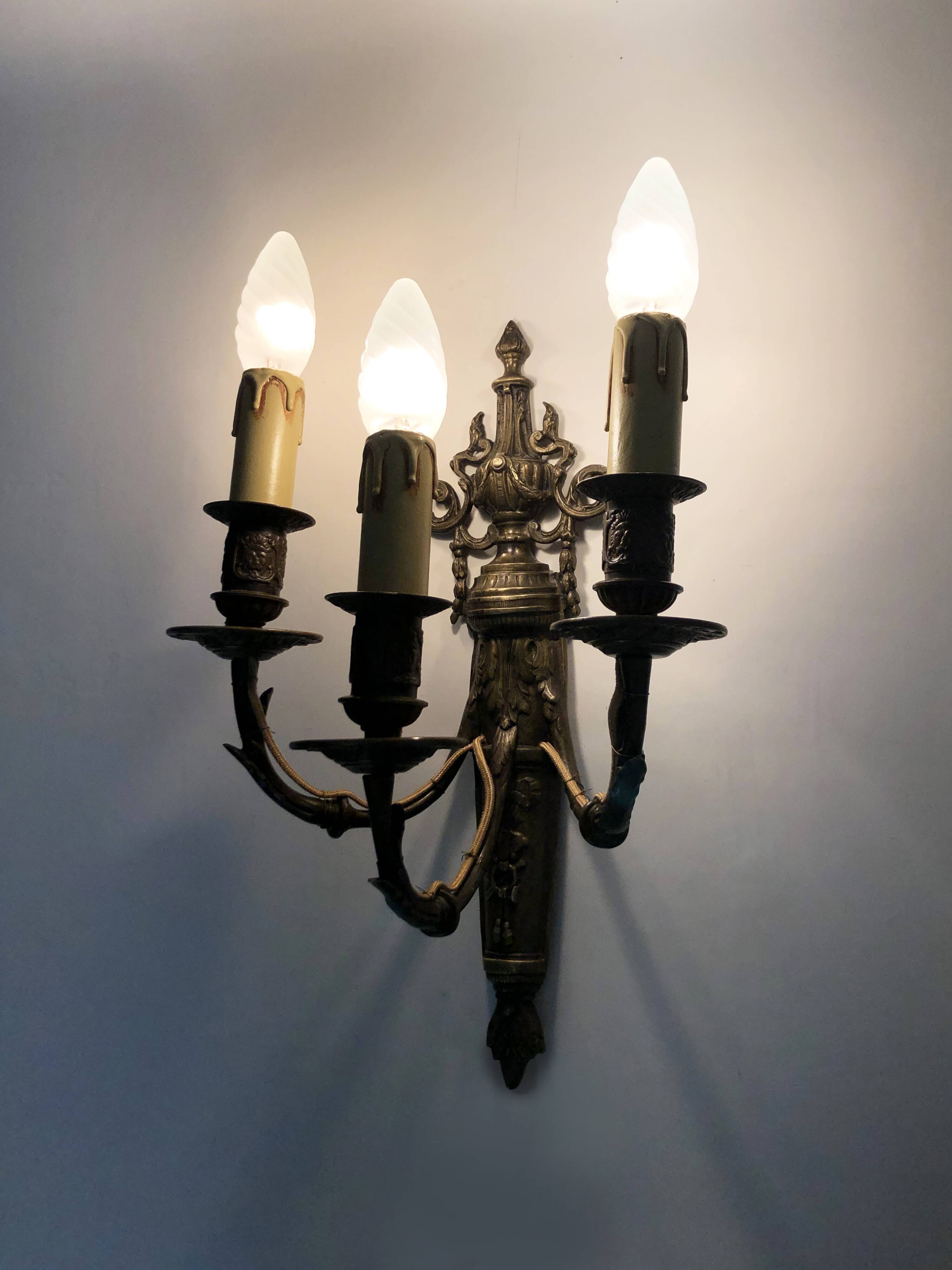 Magnificent Pair of Bronze Sconces with Louis XV Style Fire Pots. 1930s
