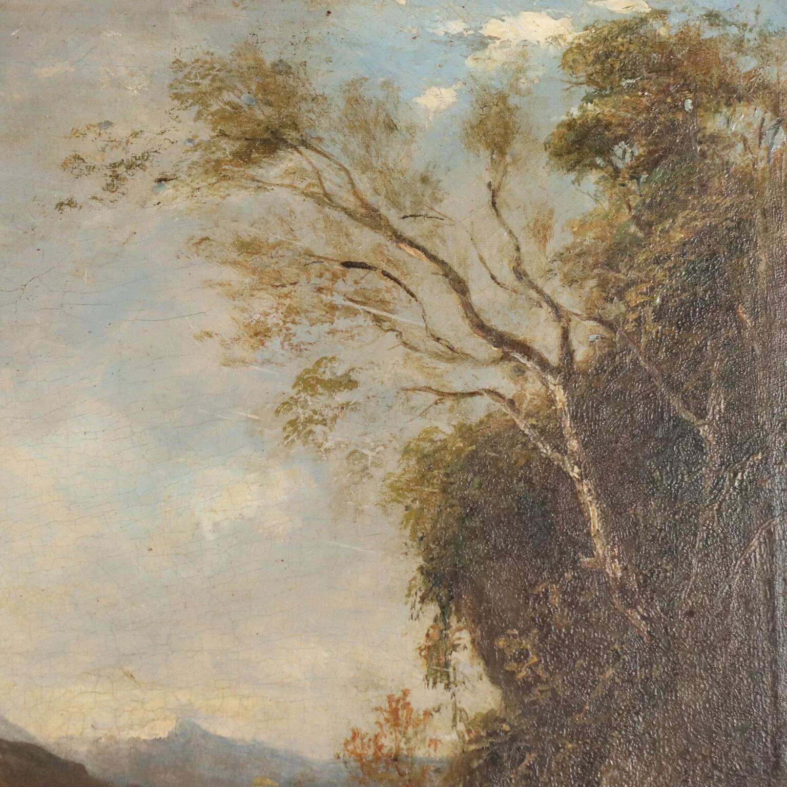 Old painting of a landscape with a river, oil on canvas, 19th century.