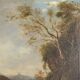 Old painting of a landscape with a river, oil on canvas, 19th century.
