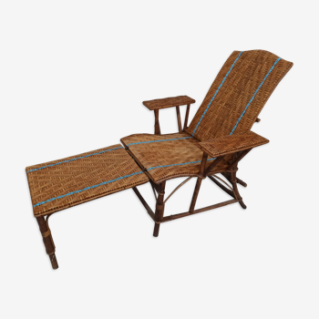 Fauteuil Transat bain de soleil en osier rotin bois chaise longue traits bleus